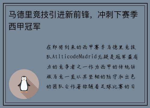 马德里竞技引进新前锋，冲刺下赛季西甲冠军