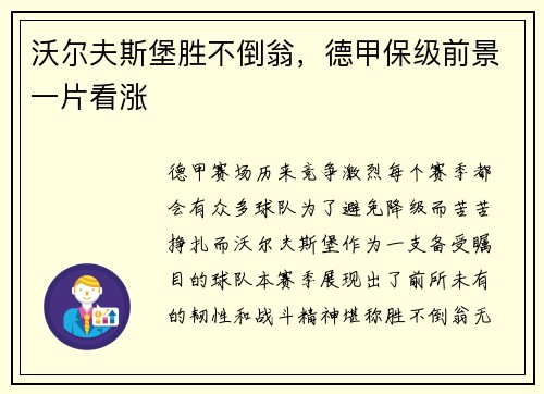 沃尔夫斯堡胜不倒翁，德甲保级前景一片看涨